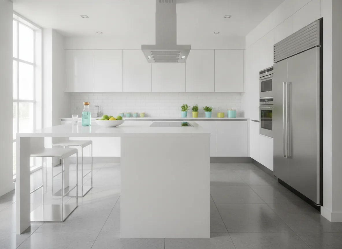 Clean modern kitchen lifestyle, bright diffused daylight, crisp