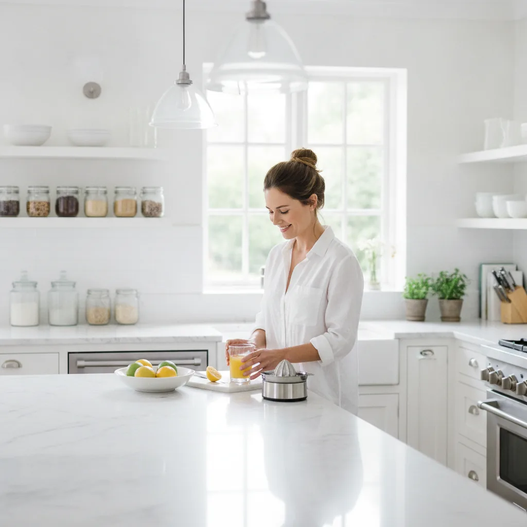 Clean modern kitchen lifestyle, fresh practical mood, bright