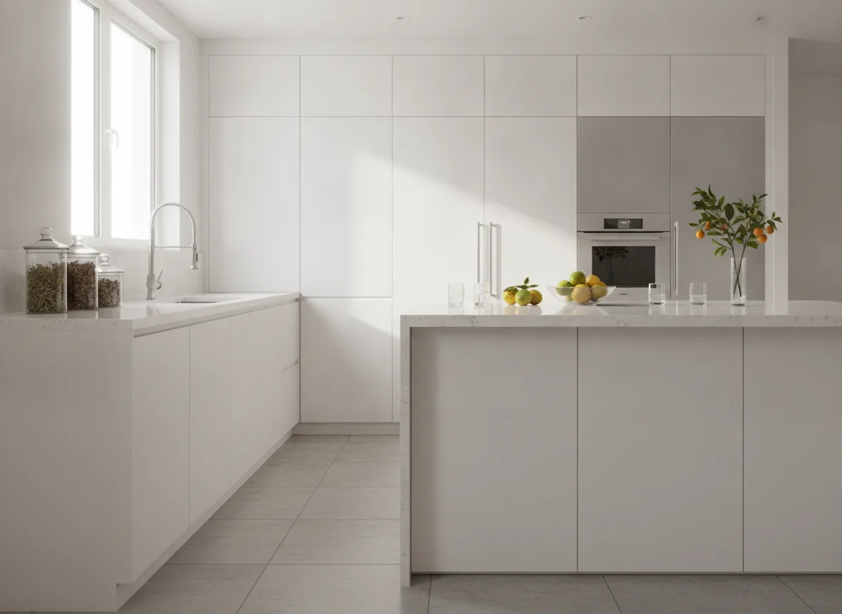 Clean modern kitchen lifestyle, fresh practical mood, bright
