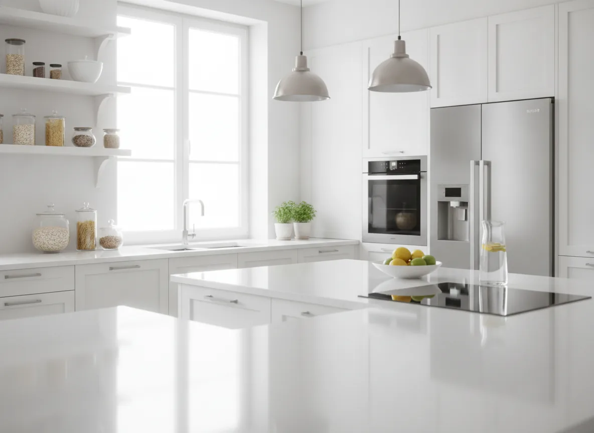 Clean modern kitchen lifestyle, fresh practical mood, bright