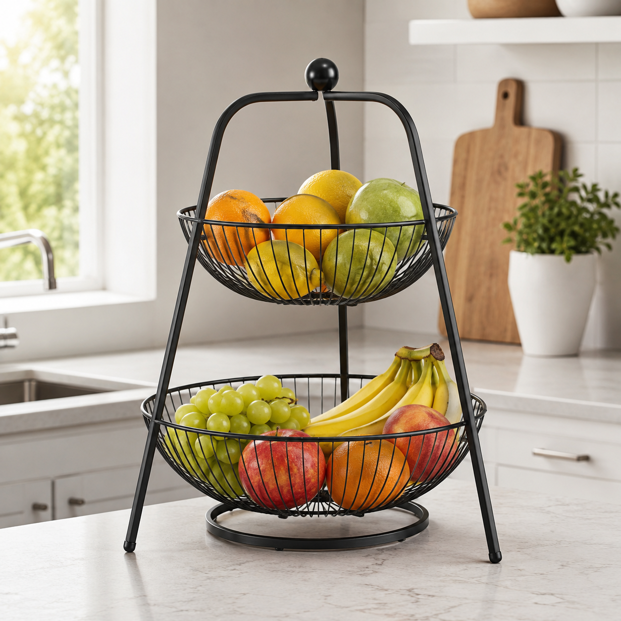 Two-tier fruit basket kitchen organizer on a bright kitchen counter
